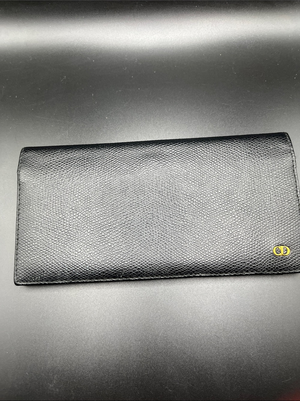 Vintage Christian Dior Black Leather Long Card Holder with Gold CD Emblem